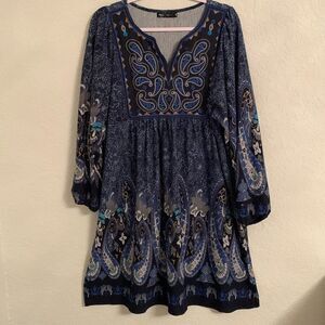 White Mark V-Neck Long Sleeve Blue Paisley Midi Dress Size 2X
